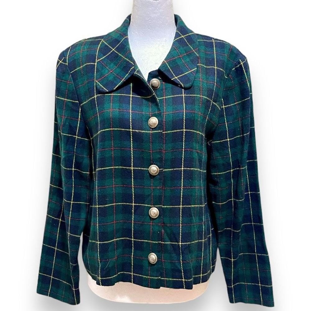 Vintage Women's Green Plaid Jacket Size 14 Positive Attitude USA Dark Academia